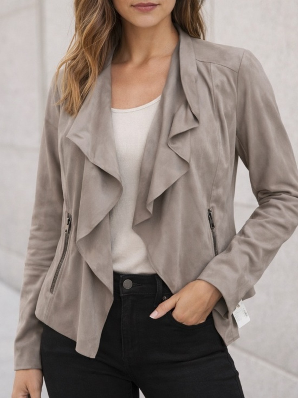 Bagatelle Gray Draped Jacket Waterfall Open Front Lightweight NWT size L